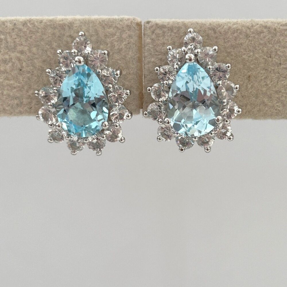 Sterling Silver Blue Topaz White CZ Pear Shape Earrings 925 Stud Earrings Luxury